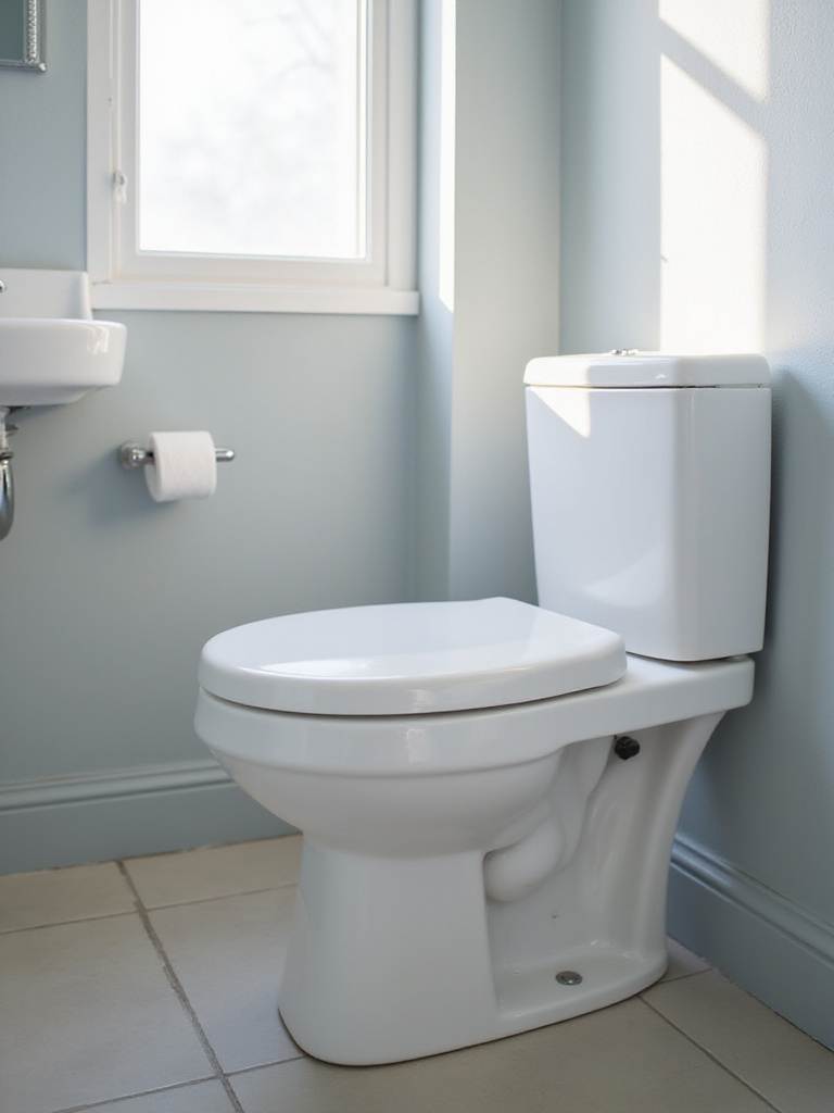 Modern bathroom with a new, clean white toilet seat