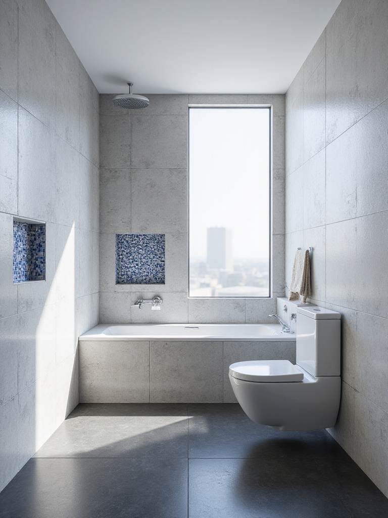 Modern bathroom with textured grey tiles and a mosaic tile shower niche