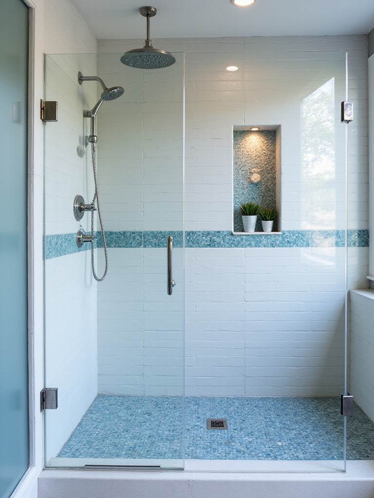 Custom tile shower with white subway tile and iridescent blue mosaic accent strip.