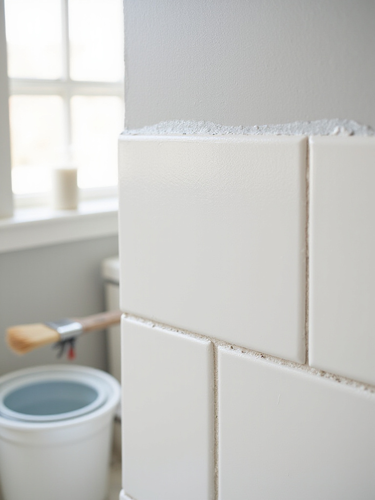 Bathroom wall tiles painted a neutral color with contrasting grout lines, showing a budget-friendly tile refresh.