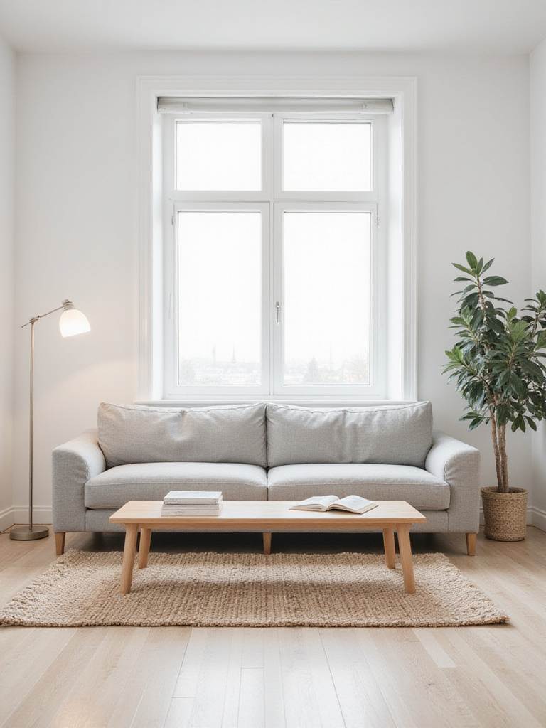 Bright Scandinavian living room with linen sofa, wood coffee table, and wool rug, showcasing timeless design