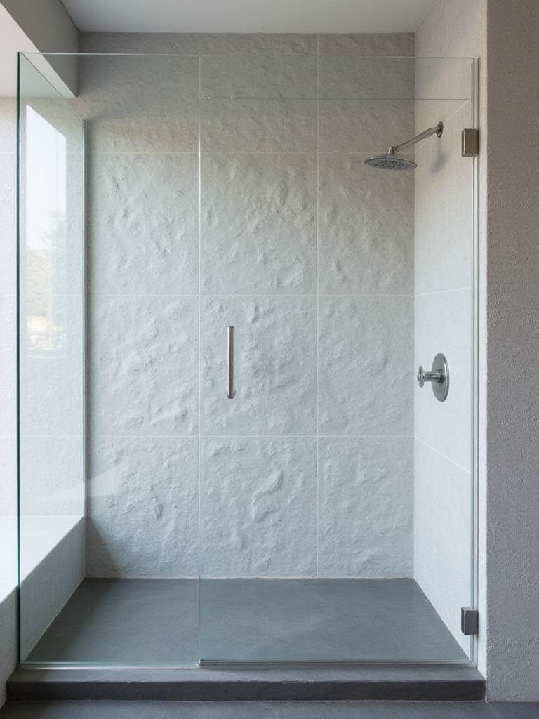 Modern shower with textured geometric tile wall in light gray