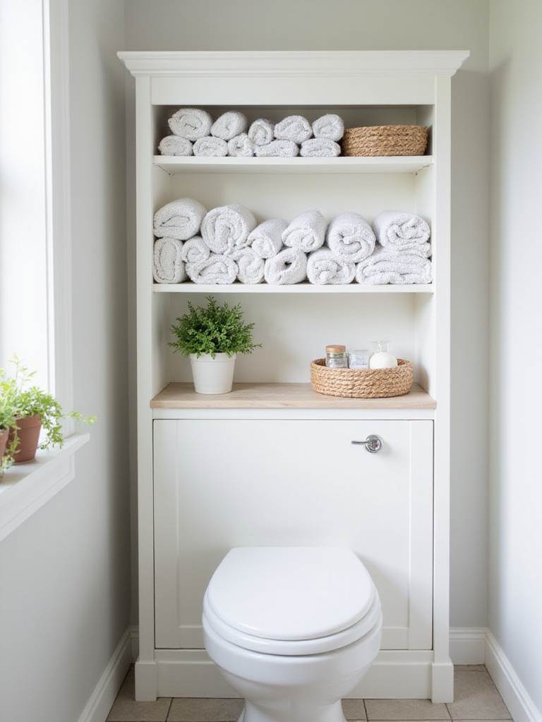 Over-toilet shelves with rolled towels and woven baskets in a bright bathroom.
