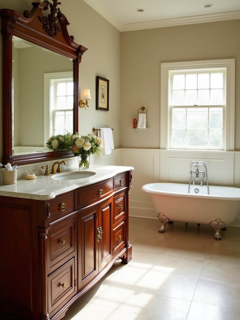 Traditional bathroom vanity with cherry wood, marble countertop, and brass hardware.