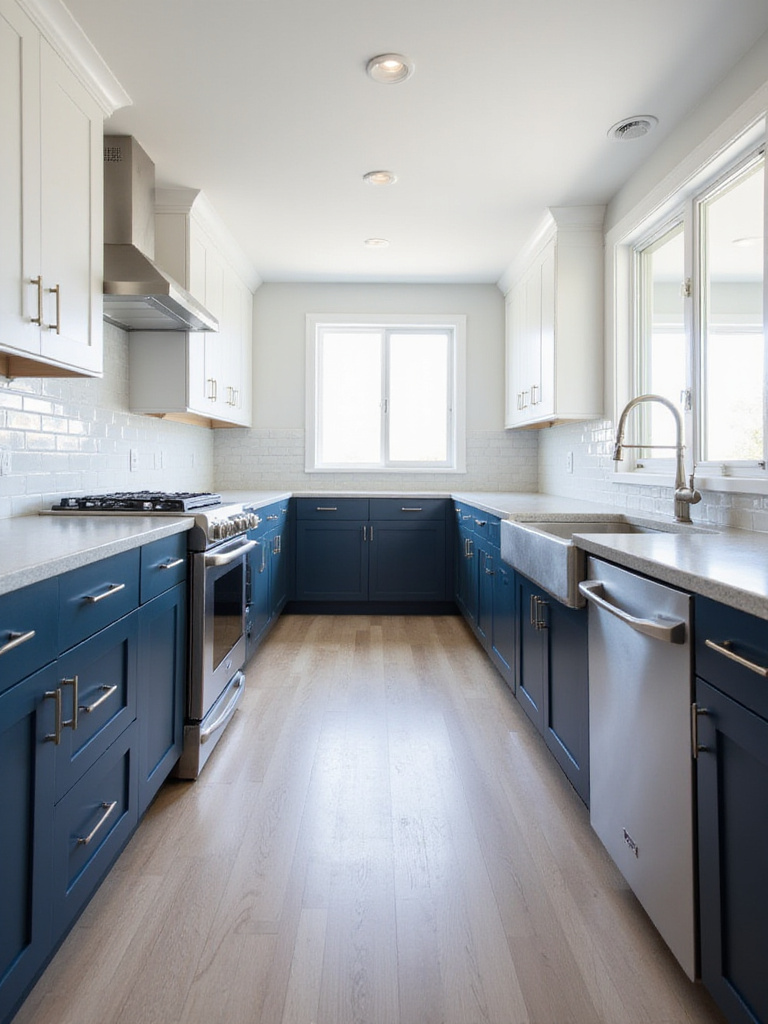 Modern kitchen with navy blue lower cabinets and white upper cabinets.