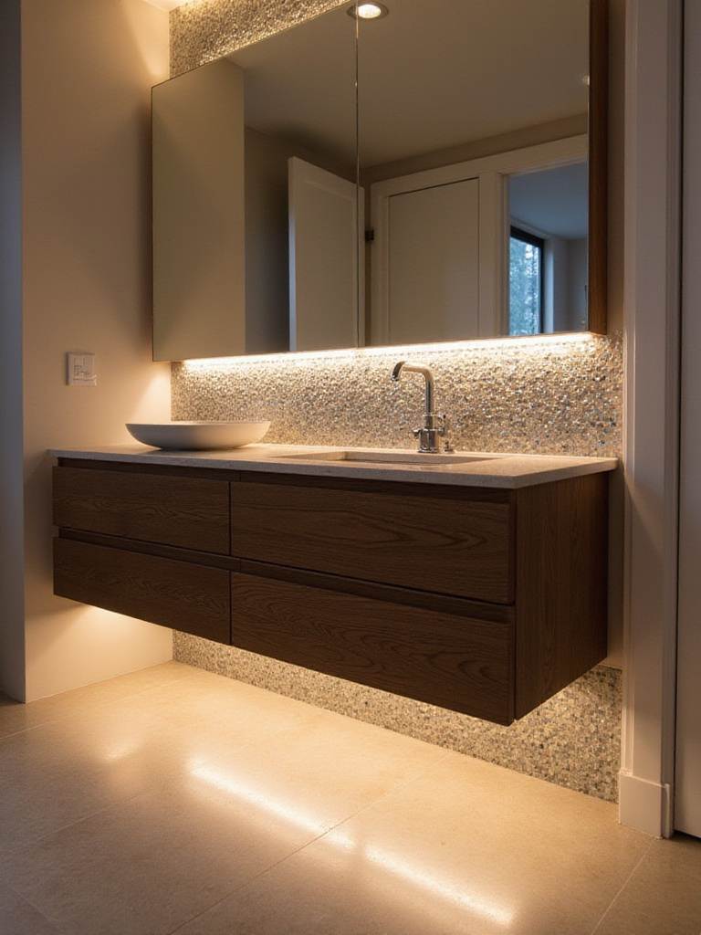 Modern bathroom with dark wood vanity and warm LED under-cabinet lighting.