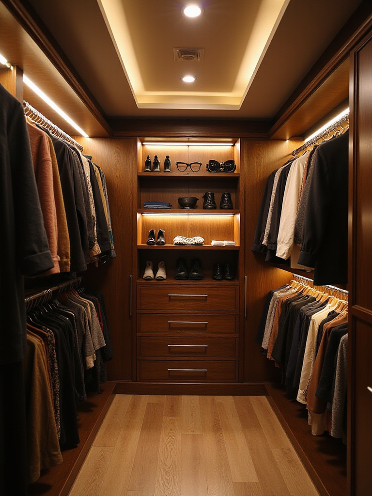 Walk-in closet with under-cabinet LED lighting illuminating shelves.