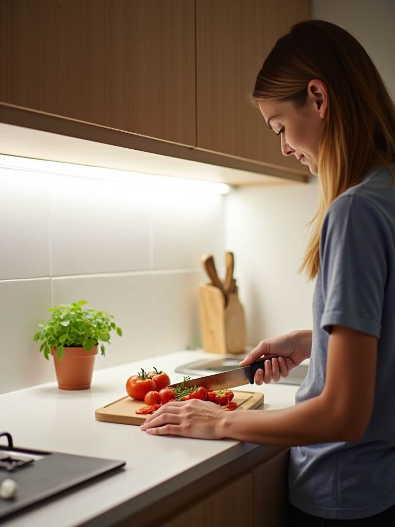 Bright and efficient under cabinet lighting illuminating a small kitchen workspace.