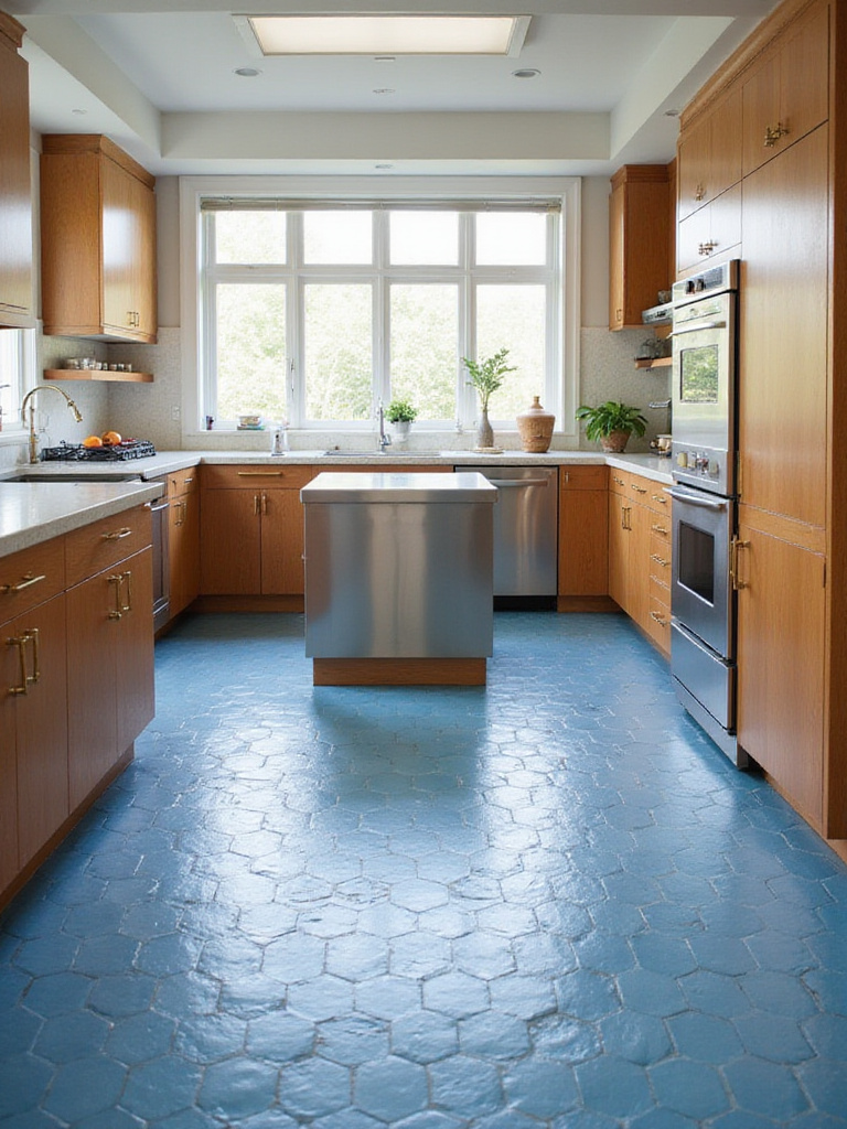 Blue hexagonal tile flooring in a mid-century modern kitchen.