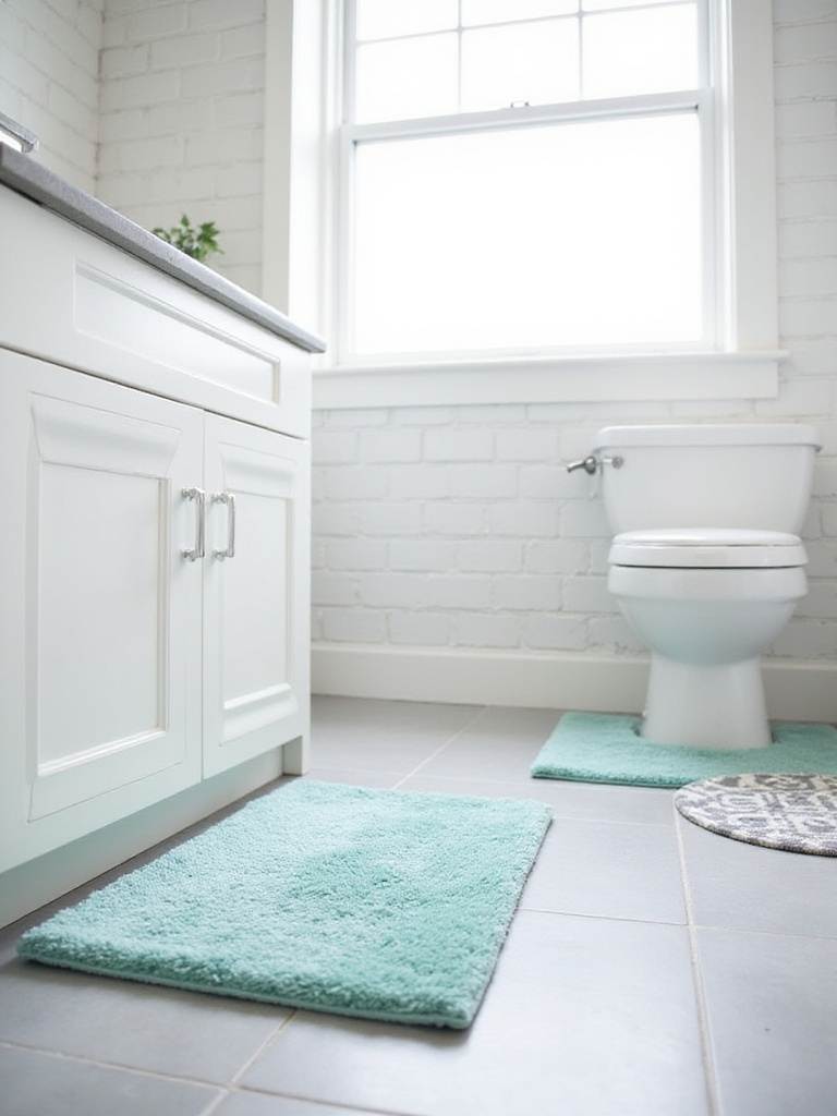 Bathroom floor featuring a teal bath mat in front of the vanity and a grey and white patterned rug next to the toilet.