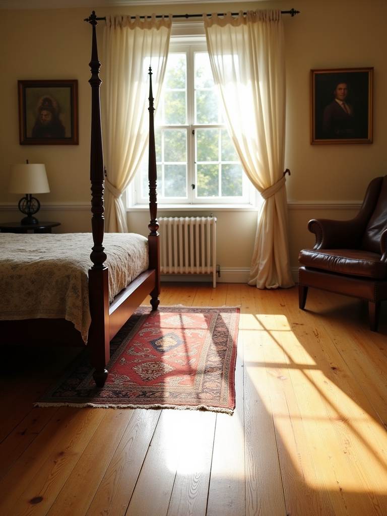 Vintage bedroom with wide-plank oak flooring and antique Persian rug.