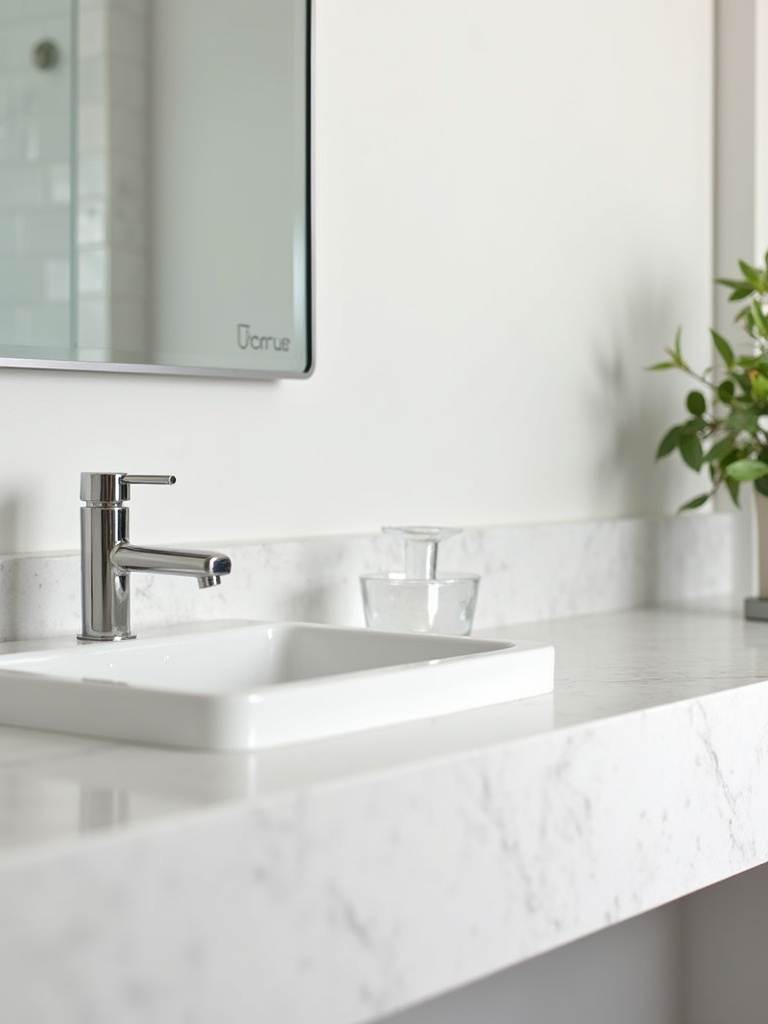 White undermount sink in a modern bathroom vanity with quartz countertop