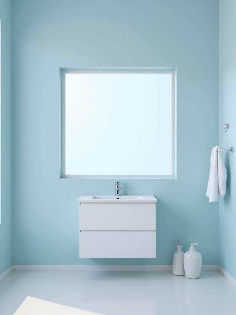 Bright, airy blue bathroom renovation with fresh paint.
