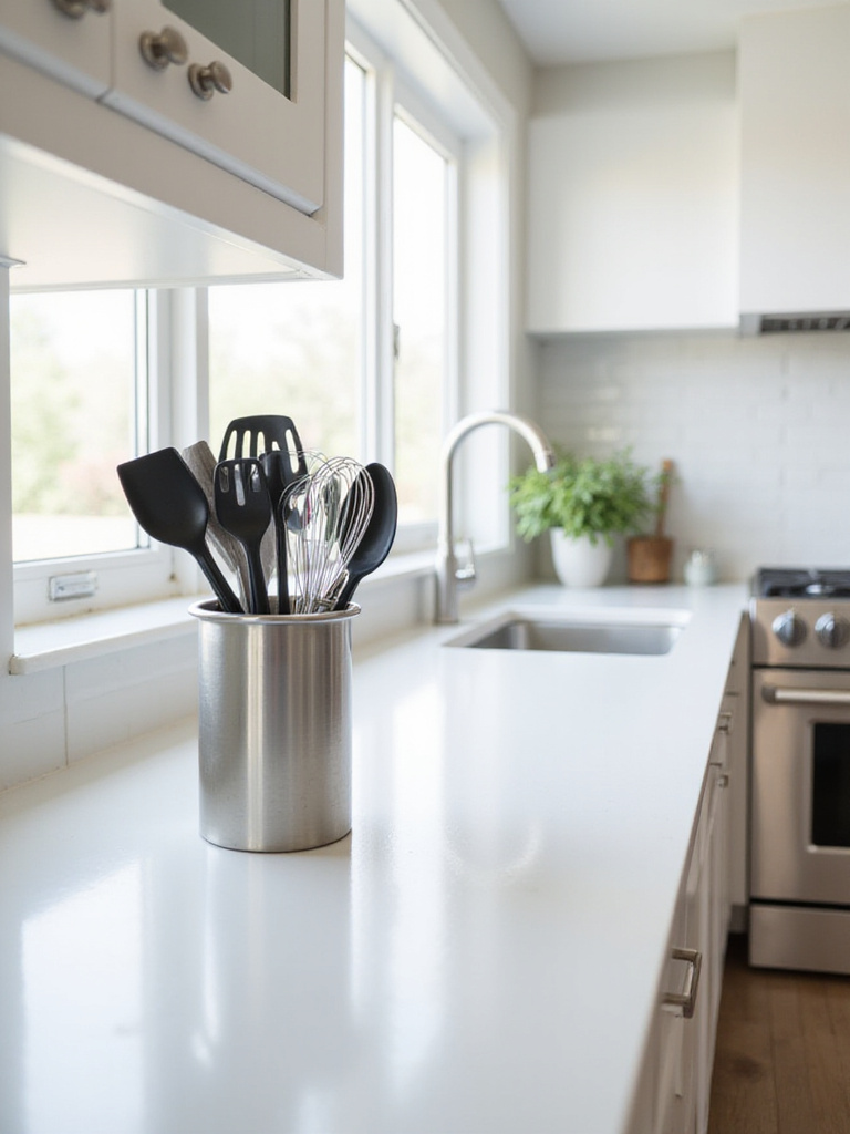 Stainless steel utensil holder filled with cooking utensils on a bright kitchen countertop