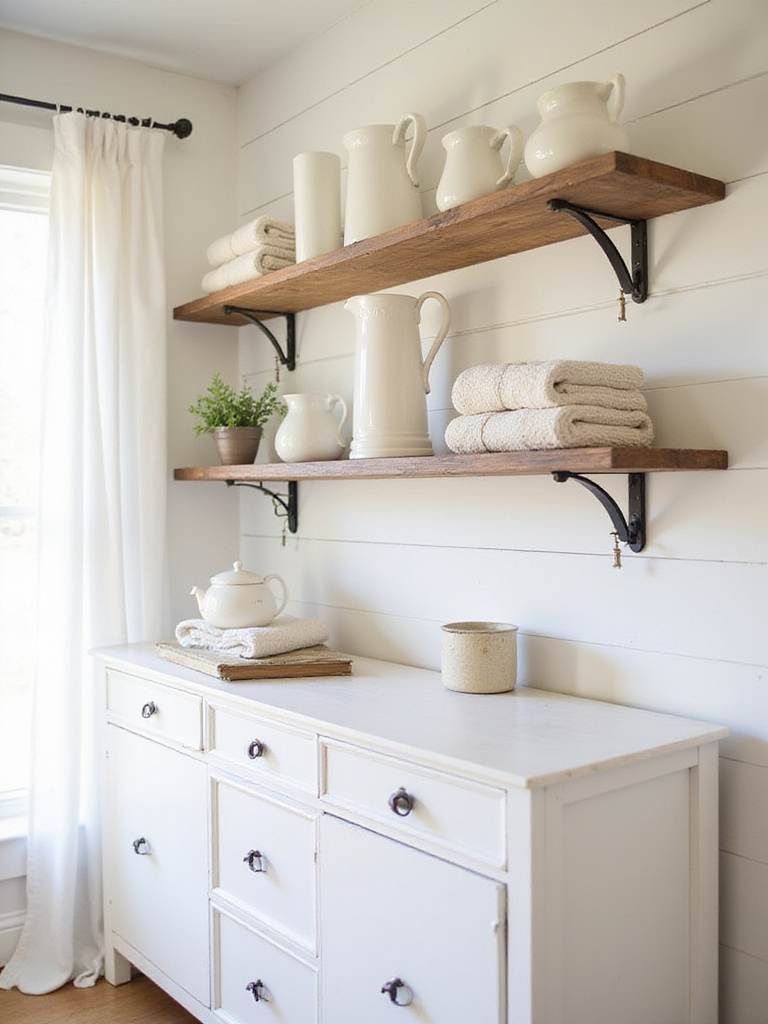 Farmhouse bedroom with open shelving displaying decorative accents.