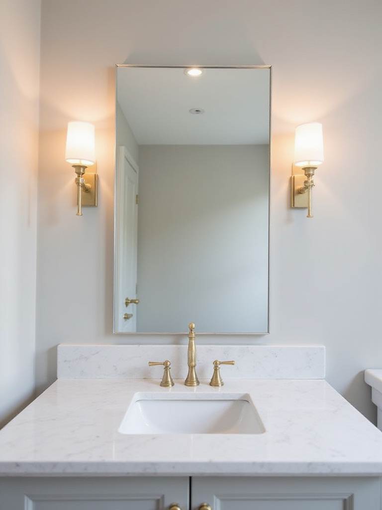 Bathroom vanity with rectangular mirror flanked by stylish brushed brass sconces.