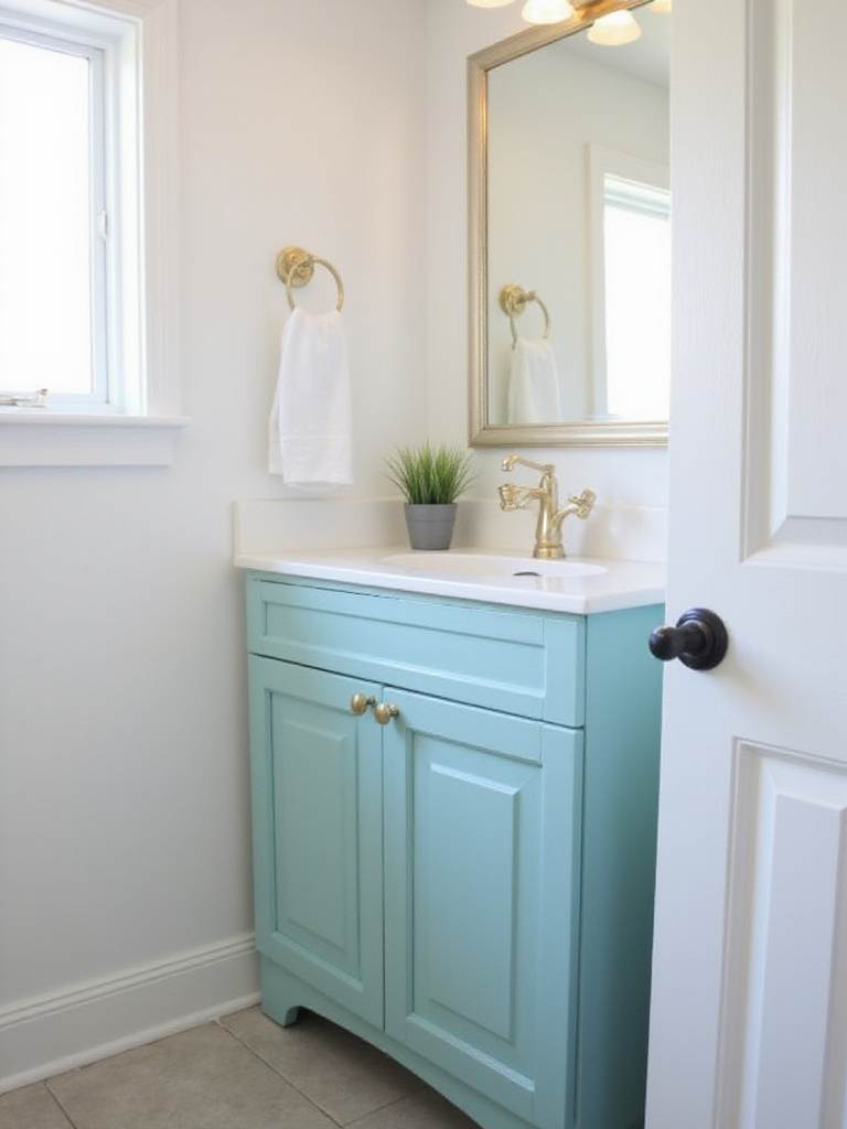 Bathroom vanity with teal paint and brushed gold hardware