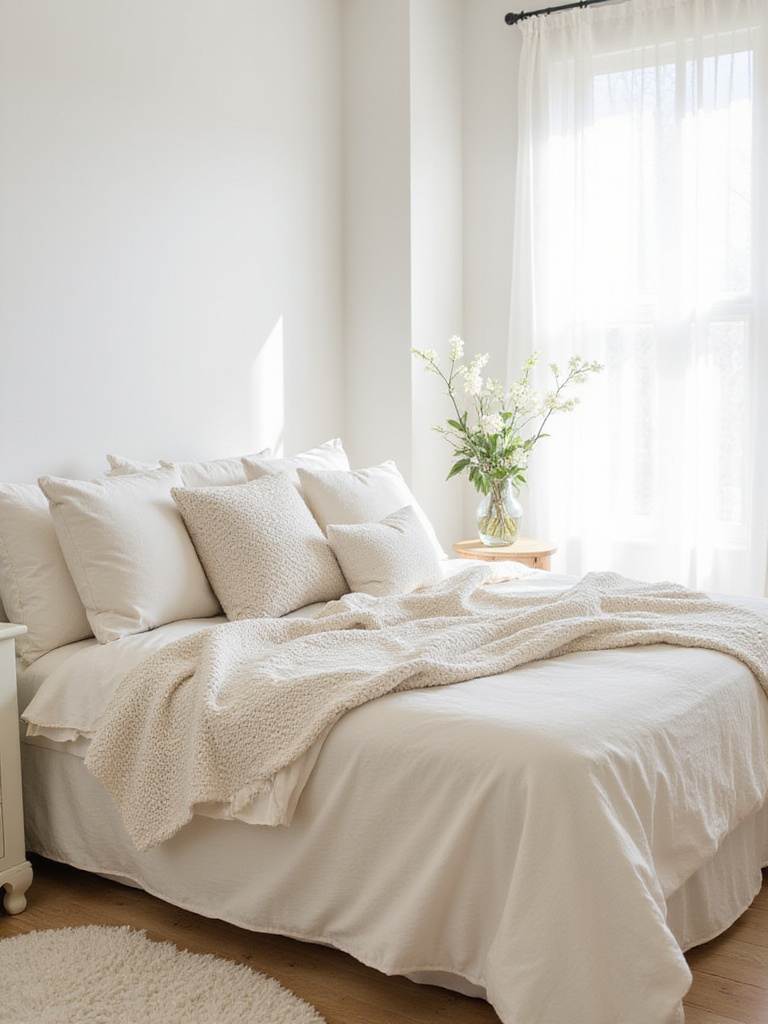 White bedroom aesthetic featuring varying shades of white for depth and texture.