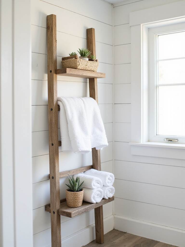 Rustic wooden ladder shelf with white towels in a farmhouse bathroom