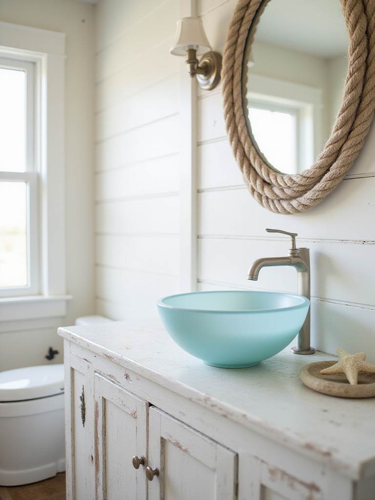 Coastal bathroom featuring a blue frosted glass vessel sink on a weathered white vanity.
