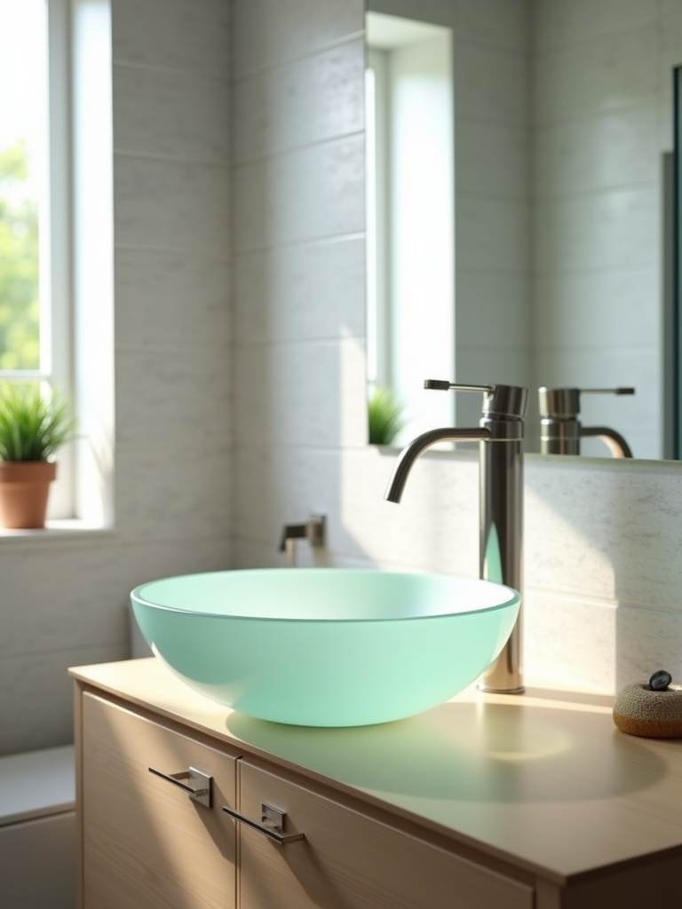 Modern bathroom with a frosted glass vessel sink and light wood vanity.