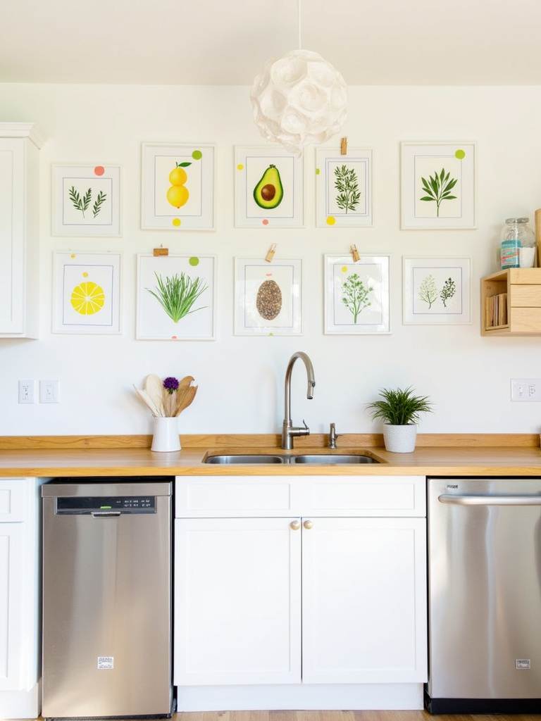 Kitchen wall decor featuring vibrant food-themed art prints.