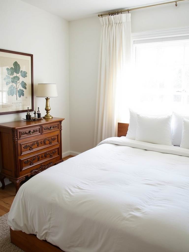 Bedroom design featuring a blend of modern and vintage elements, including an antique dresser and botanical print.