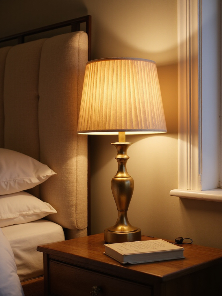 Vintage-inspired table lamp with brass base and pleated shade on a nightstand in a cozy bedroom.