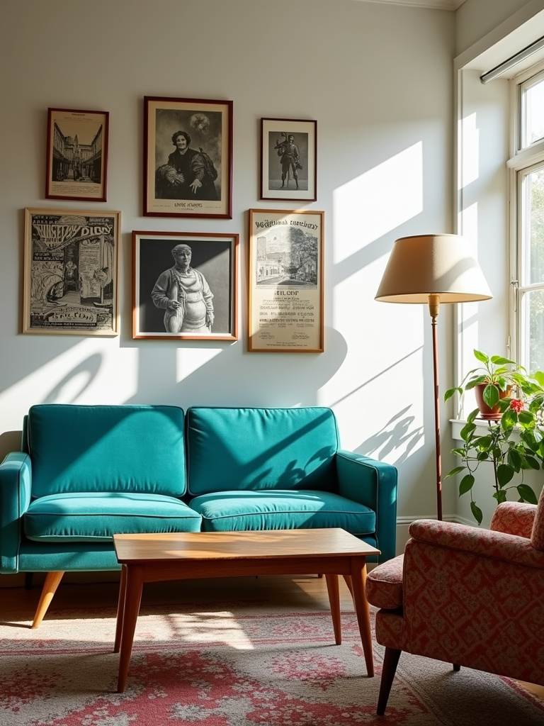 Eclectic living room featuring a mix of vintage and modern furniture, including a mid-century sofa, antique coffee table, and retro floor lamp.