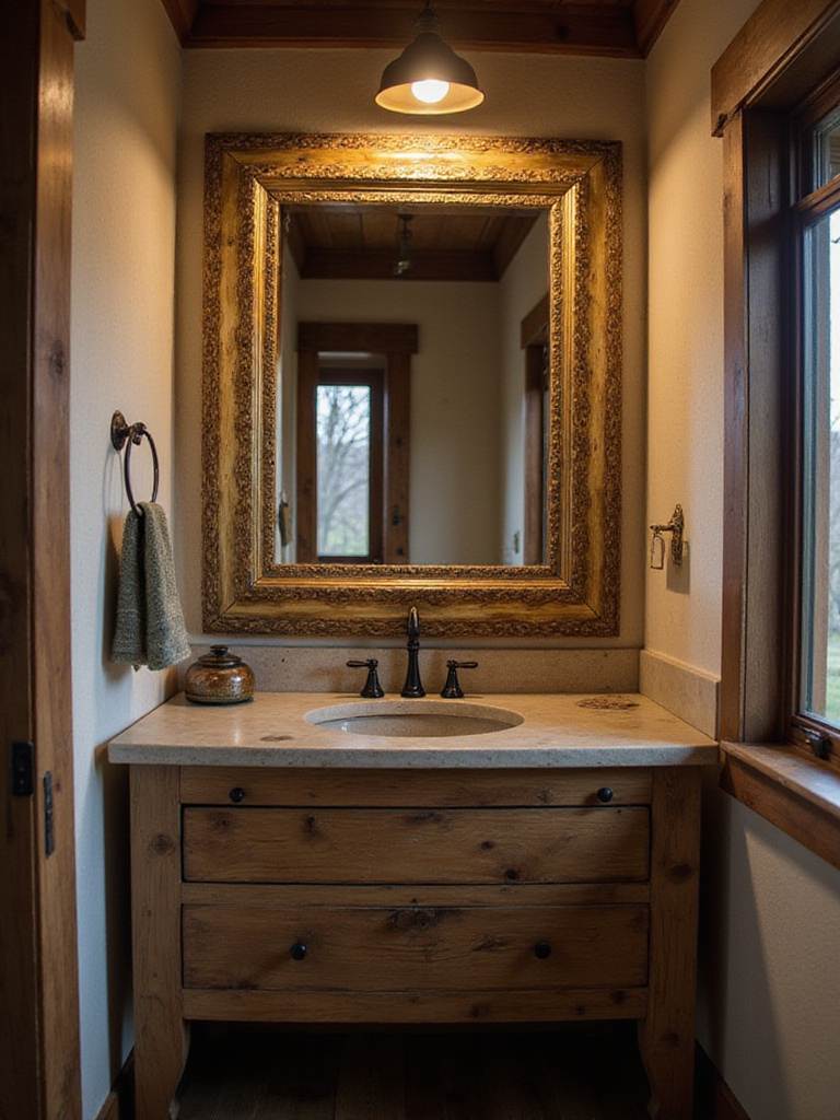 Rustic bathroom featuring a vanity with a distressed gold-framed vintage mirror reflecting the room.