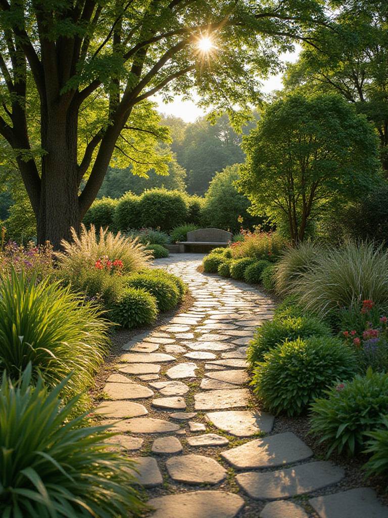 Stone pathway winding through a lush garden, leading to a seating area.