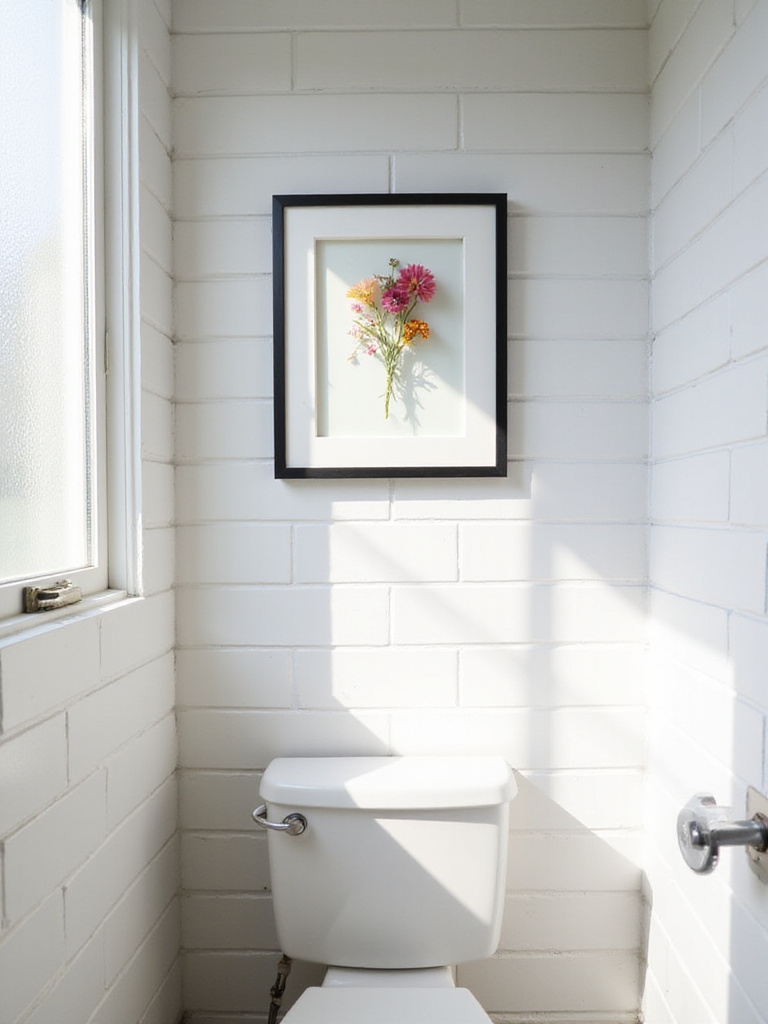 DIY pressed flower wall art in a modern bathroom