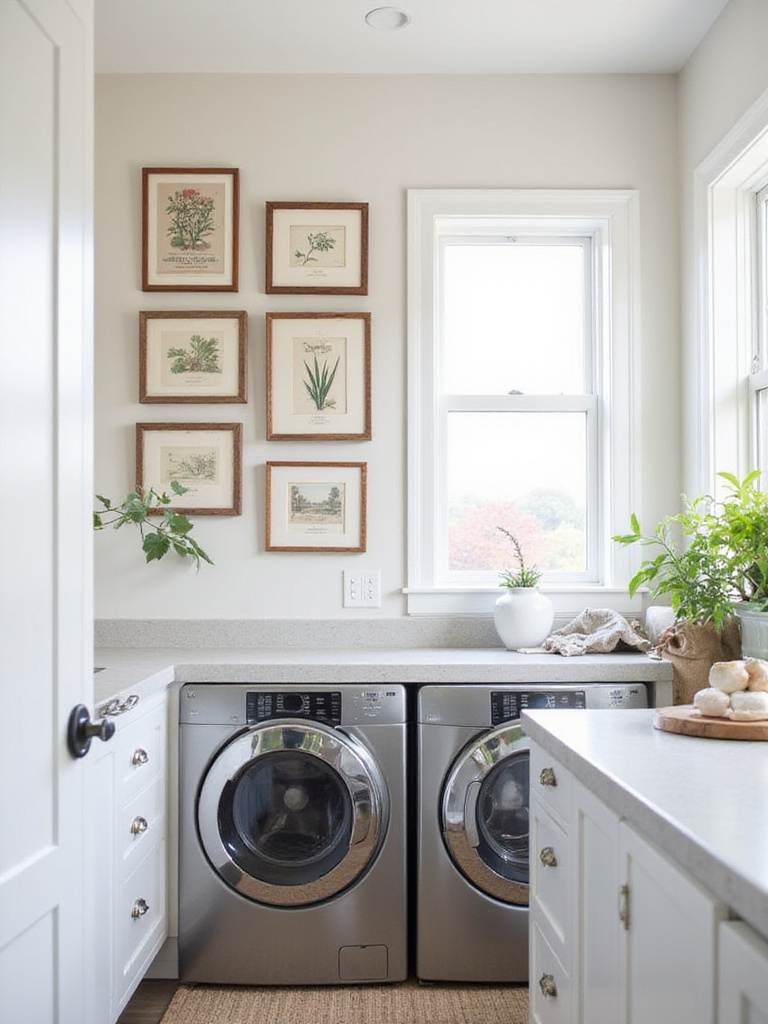 Bright and airy laundry room with a gallery wall above the washer and dryer