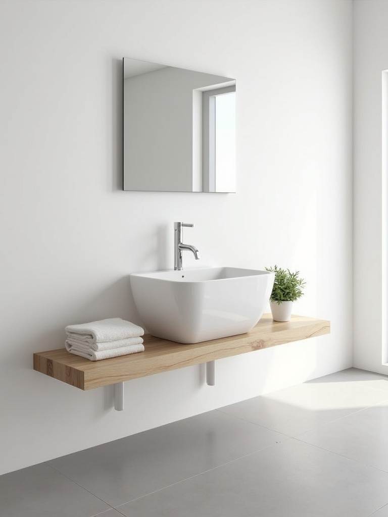 Modern white wall-mounted sink with floating shelf in minimalist bathroom