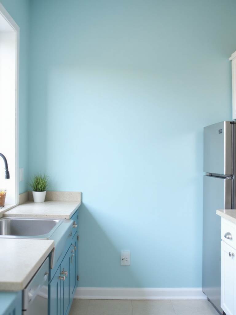 Bright kitchen with newly painted light blue walls