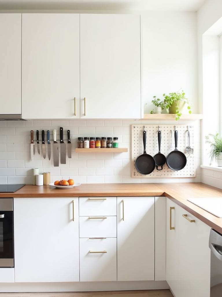 Small kitchen with wall-mounted storage solutions including magnetic knife strip, spice rack, and pegboard organizer, maximizing counter space.