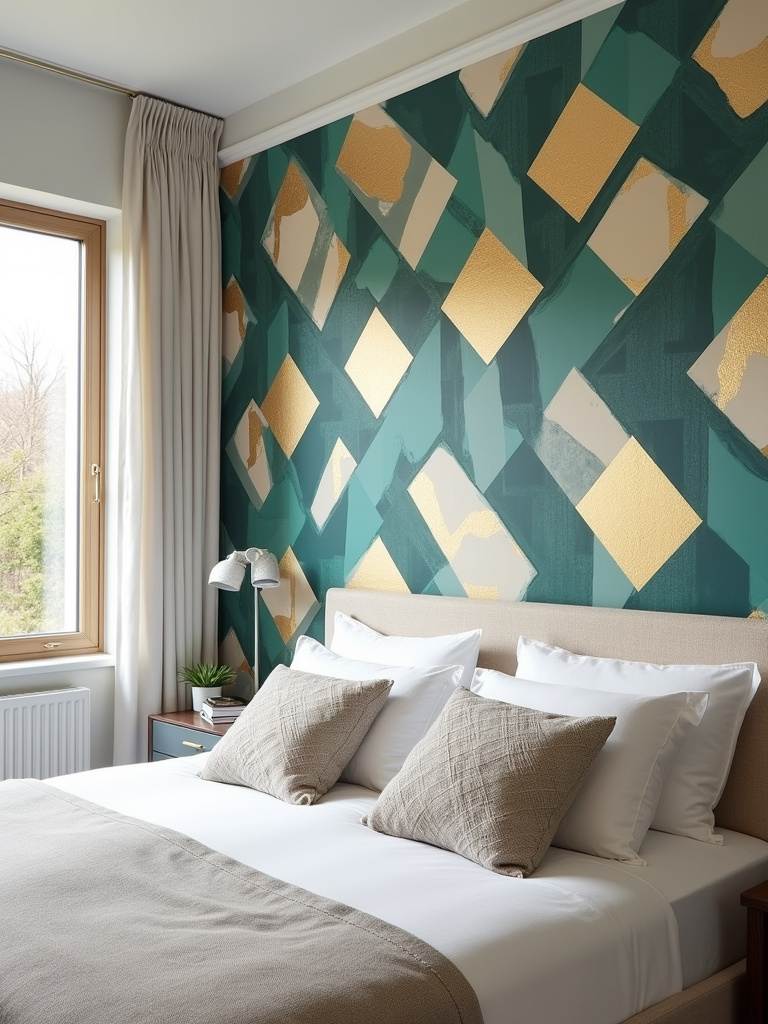 Modern bedroom with teal, gold, and cream geometric wallpaper accent wall