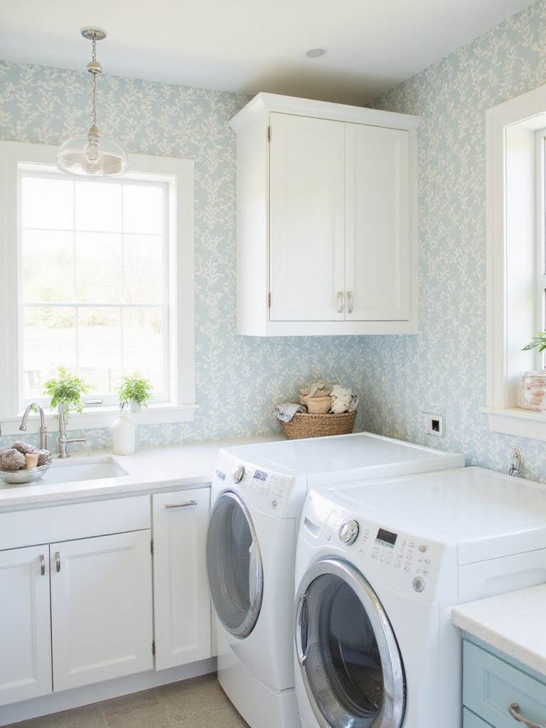 Laundry room with botanical wallpaper accent wall