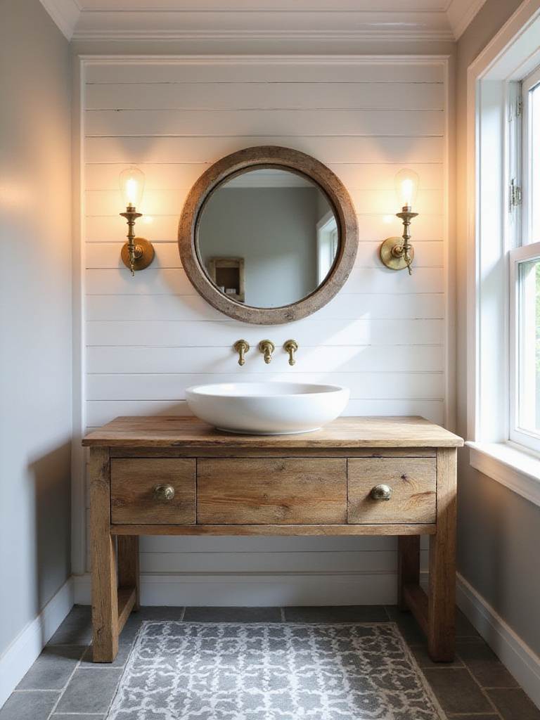 Farmhouse bathroom with warm sconce lighting flanking a reclaimed wood mirror.