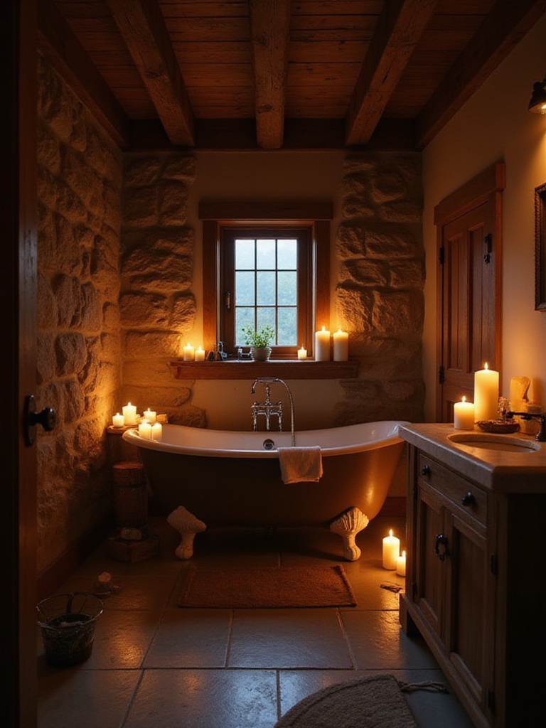 Rustic bathroom illuminated by warm candlelight, featuring a clawfoot tub and natural wood accents.