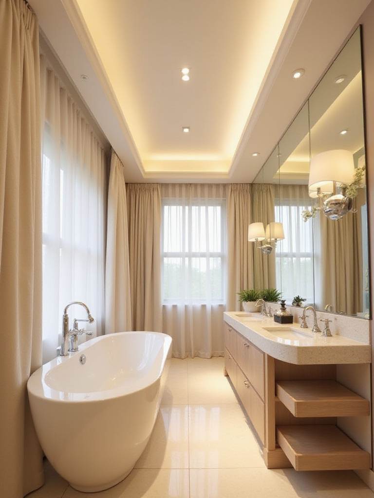 Luxurious bathroom interior with soft white LED lighting creating a relaxing spa-like atmosphere.