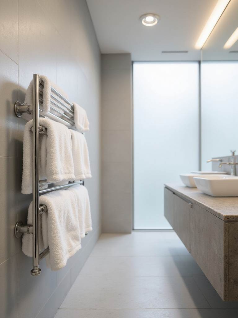Luxurious modern bathroom with a wall-mounted chrome towel warmer and fluffy white towels.