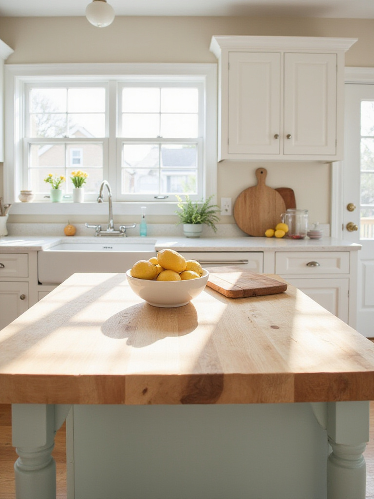 Cottage kitchen with light maple butcher block countertop island