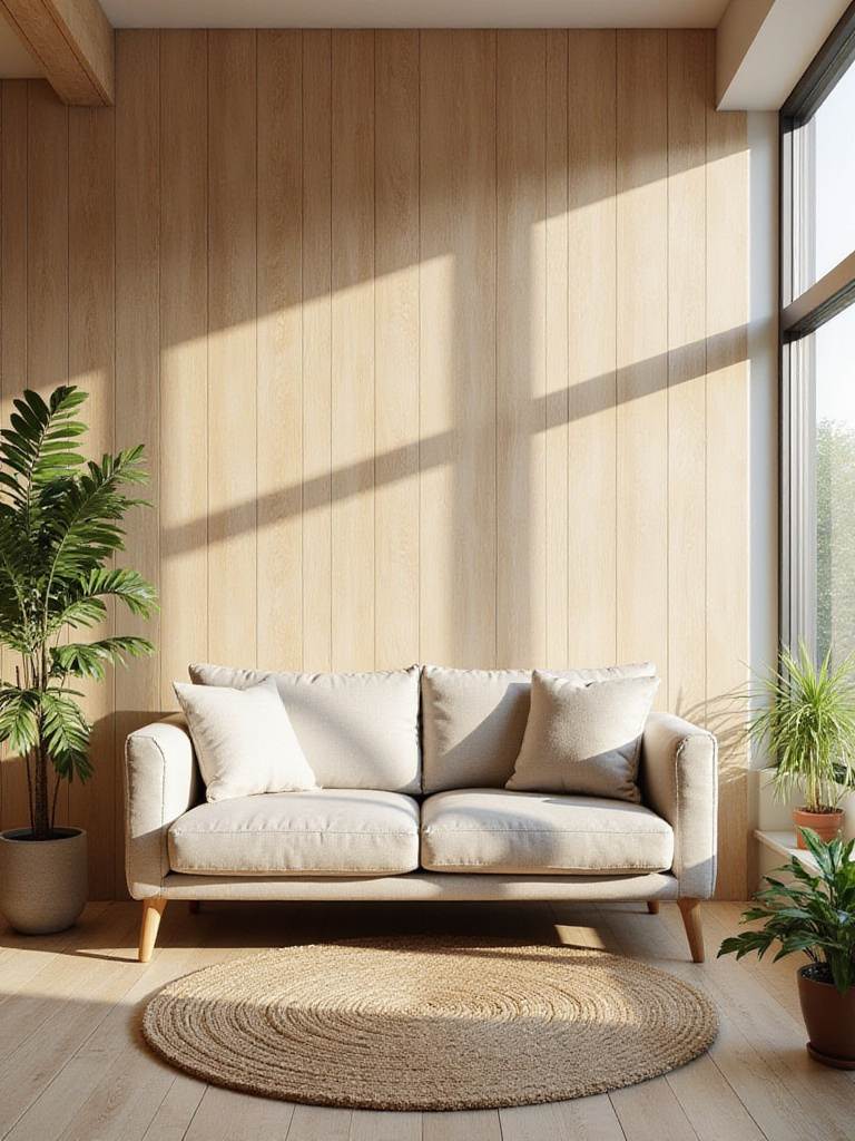 Living room with light oak wood-effect wallpaper accent wall, creating a warm and inviting space.