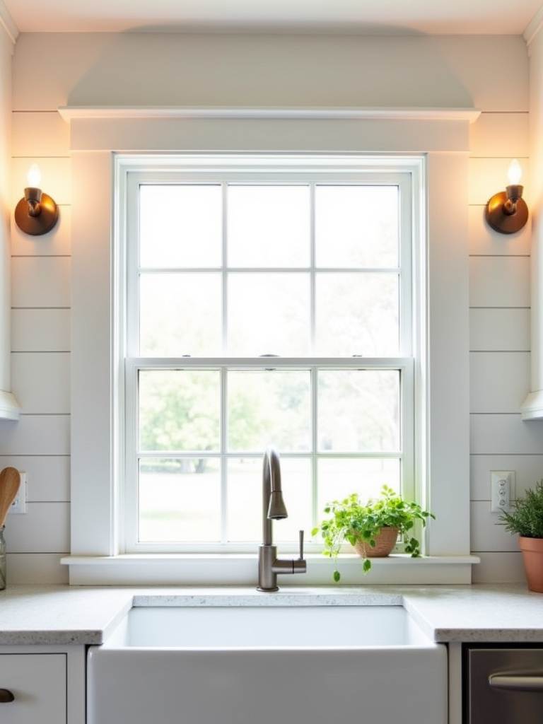 Kitchen with warm wall sconces flanking a window above a farmhouse sink.