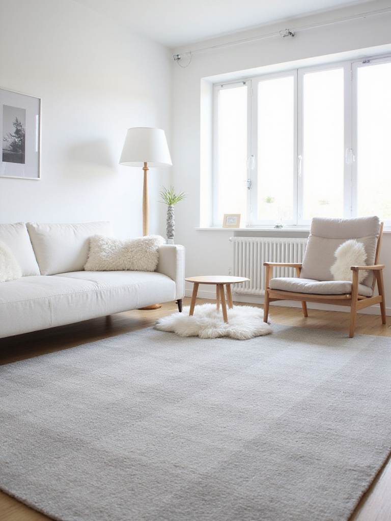 Scandinavian living room with a light gray wool rug providing warmth and anchoring the seating area.
