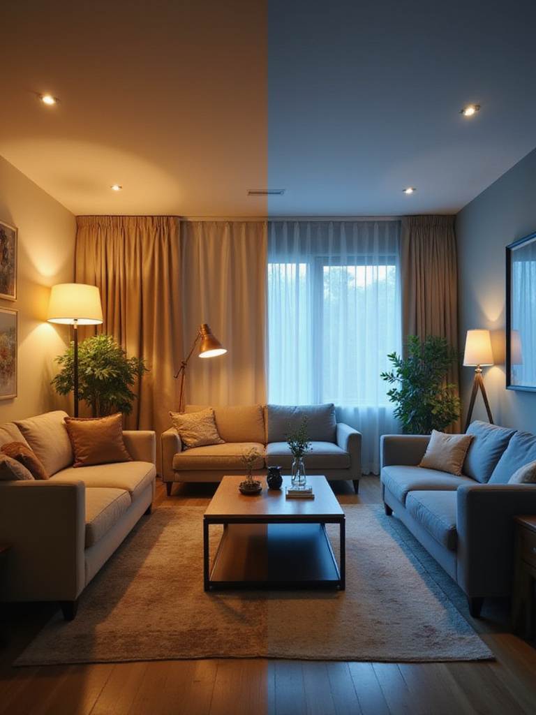 Living room split in half, showing the difference between warm and cool lighting.