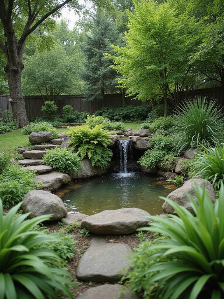Backyard garden with a tranquil pond and waterfall