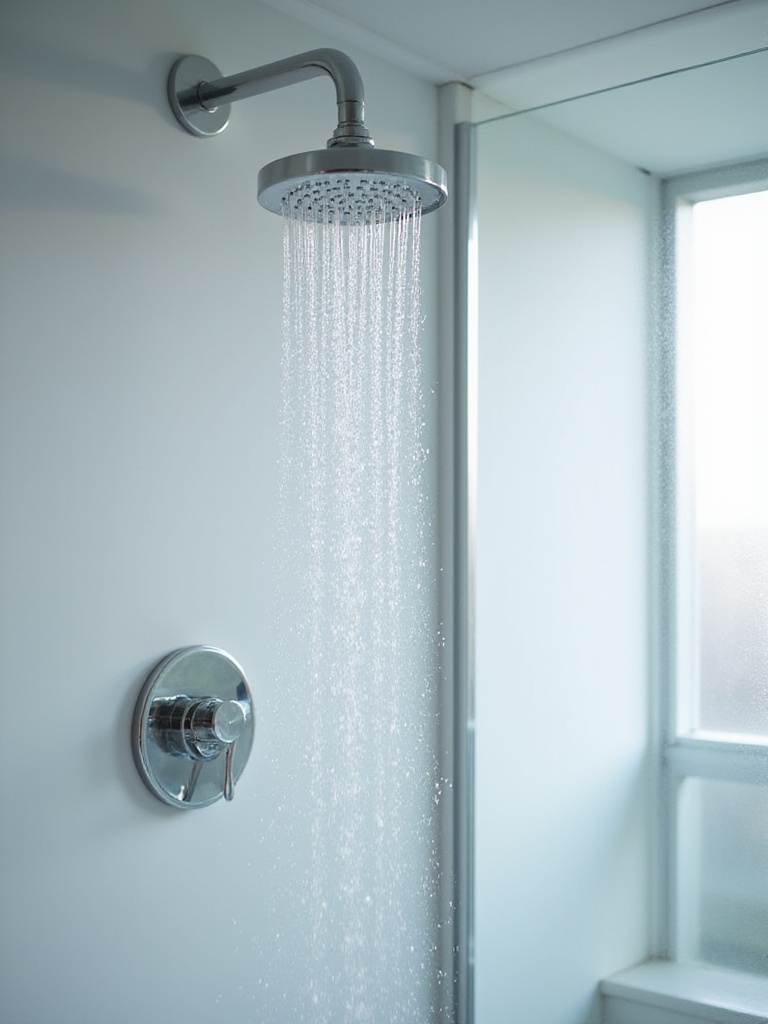 Modern bathroom shower with a chrome low-flow showerhead in use.