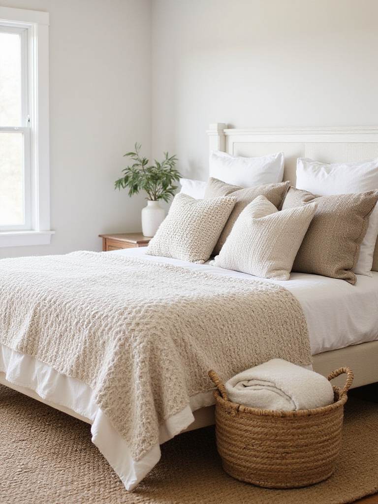 Farmhouse bedroom with woven textures: chunky knit blanket, woven pillows, jute rug